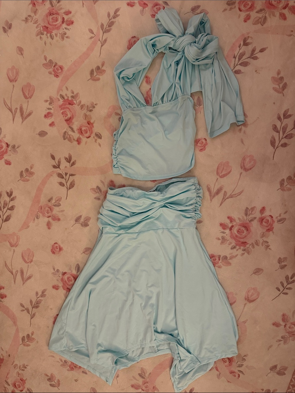 Light Blue Women's Two-Piece Halter Top with Skirt Set